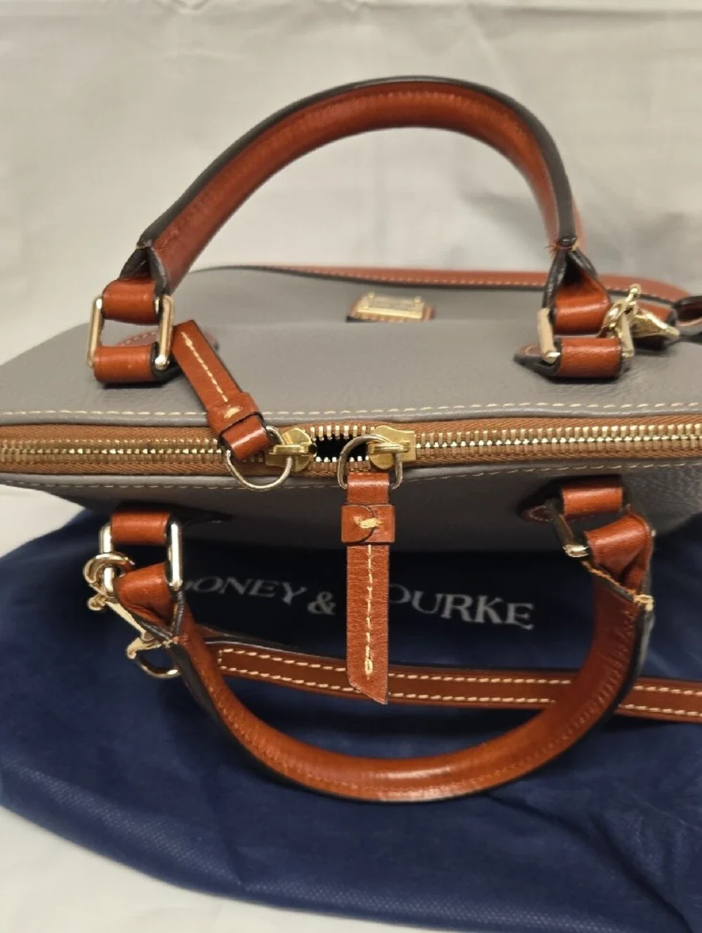 Dooney & Bourke Gray and Tan Leather Dome Satchel